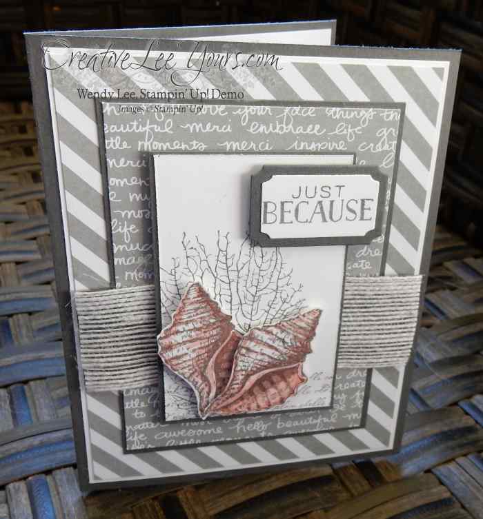 Just Because Shells by Wendy Lee, #creativeleeyours, Stampin' Up!, August 2015 FMN class, By the tide stamp set, Tin of cards stamp set