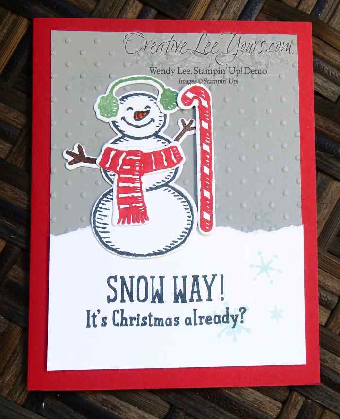 Snow Way Snowman by Jennifer Moretz, #creativeleeyours, Stampin' Up!, Christmas Card, Snow Place Stamp Set, Diemonds team swap