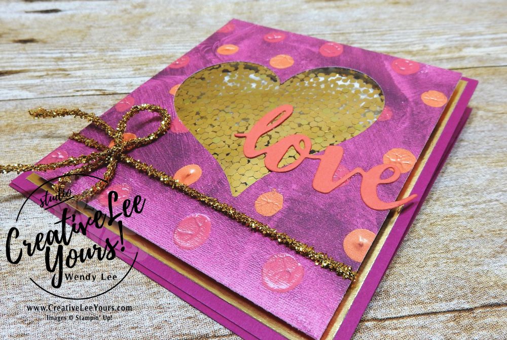 Love Shaker Easel by wendy lee, january 2018 fmn class, stampin up,stamping, handmade, fun fold, valentine, anniversary, love,#creativeleeyours,creatively yours,sunshine saying stamp set, sweet & sassy frmaelits, sunshine wishes thinlits