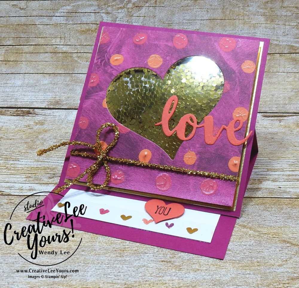 Love Shaker Easel by wendy lee, january 2018 fmn class, stampin up,stamping, handmade, fun fold, valentine, anniversary, love,#creativeleeyours,creatively yours,sunshine saying stamp set, sweet & sassy frmaelits, sunshine wishes thinlits