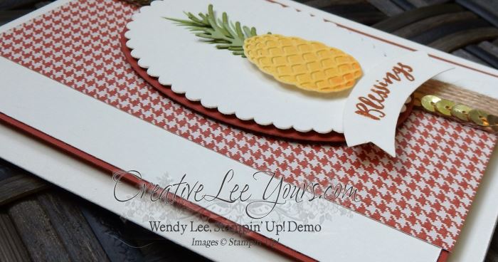 Pineapple Blessings by Wendy Lee, Stampin Up, Paisleys & Posies stamp set, Christmas Pines stamp set, Layering Ovals Framelits, Pretty Pines Thinlits, #creativeleeyours, Hand Made Cards, September 2016 FMN class