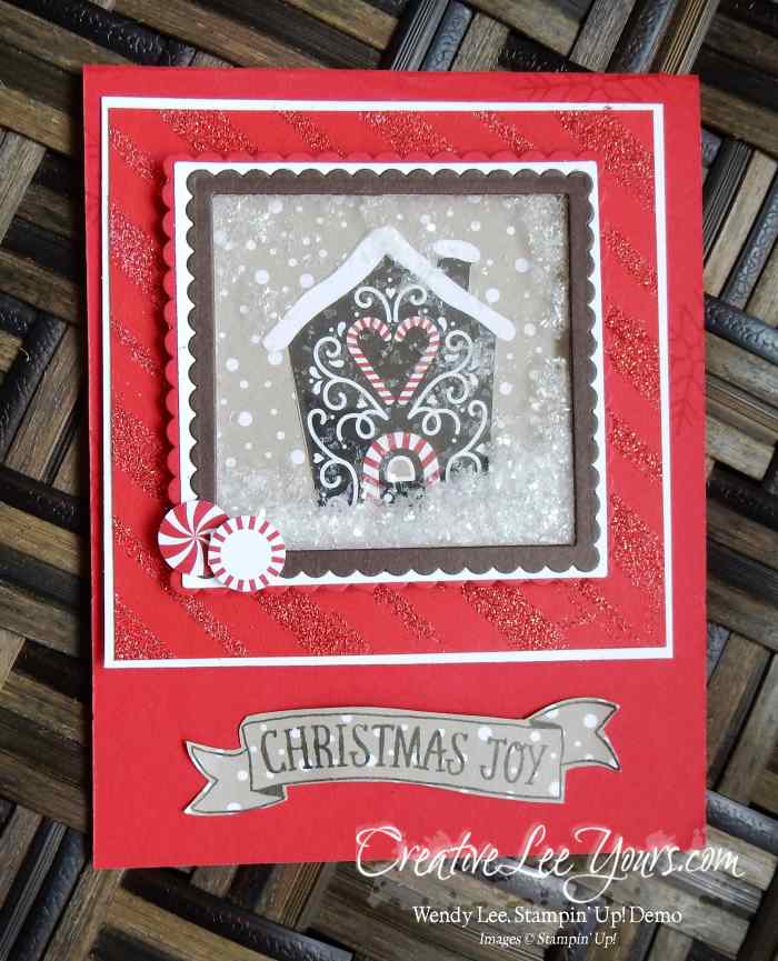 Christmas Joy Shaker Easel by Wendy Lee, Stampin Up, Stitched with cheer stamp set, Layering squares Framelits, mica flakes, Candy Lane Designer Series Paper, #creativeleeyours, Hand Made Christmas Cards