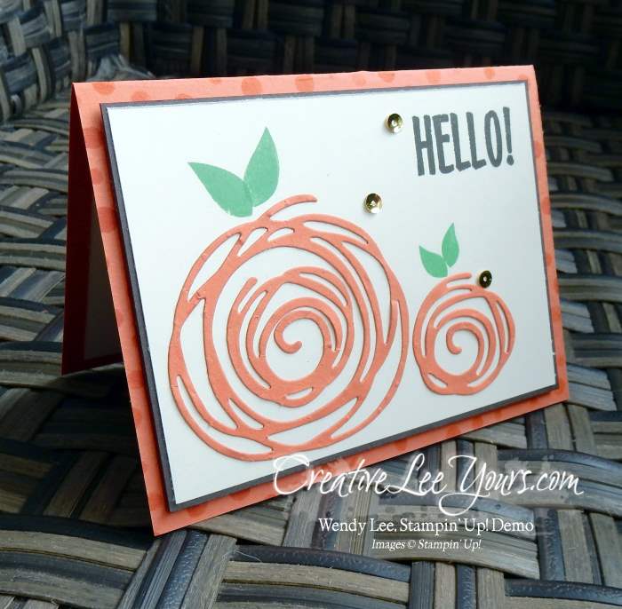 Swirly Pumpkin by Wendy Lee, Stampin Up, August 2016 Paper Pumpkin kit stamp set, Swirly Scribbles Thinlits, Swirly Bird stamp set, #creativeleeyours, Hand Made Cards, September 2016 FMN class