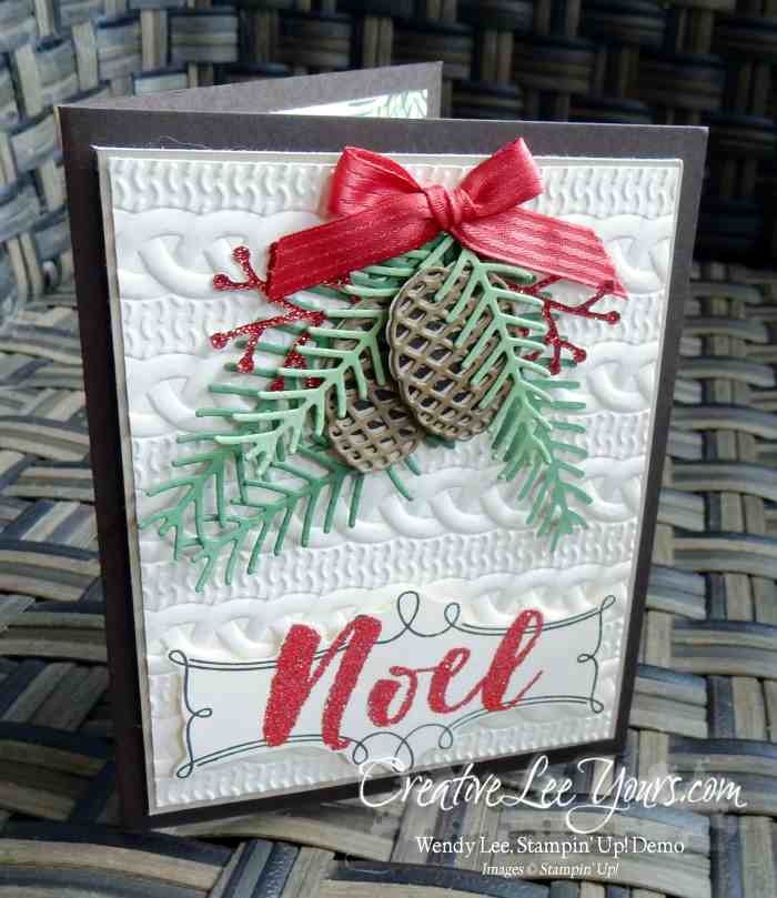 Stampin Up, Christmas Pines stamp set, Pretty pines thinlits, cable knit embossing folder,#creativeleeyours, October 2016 FMN class, hand stamped christmas cards