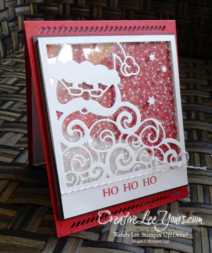 Santa Shaker Easel by Wendy Lee, Stampin Up, Holly Jolly Greetings stamp set, Oh, What Fun stamp set, Detailed santa Thinlits, #creativeleeyours, Hand Made Christmas Cards
