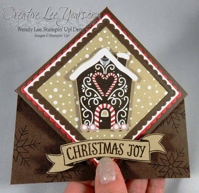 Gingerbread Wobble by Wendy Lee, stitched with cheer stamp set, Stampin Up, #creativeleeyours, November 2016 FMN class, fun fold, hand made christmas card