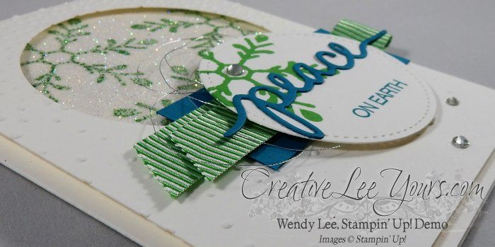 Peace on Earth-Stamping on Glimmer Paper by Wendy Lee, Stampin Up, #creativeleeyours, November 2016 FMN class, holly jolly greeting stamp set, stitched shapes framelits, layering circles framelits, christmas greeting thinlits, hand made christmas card