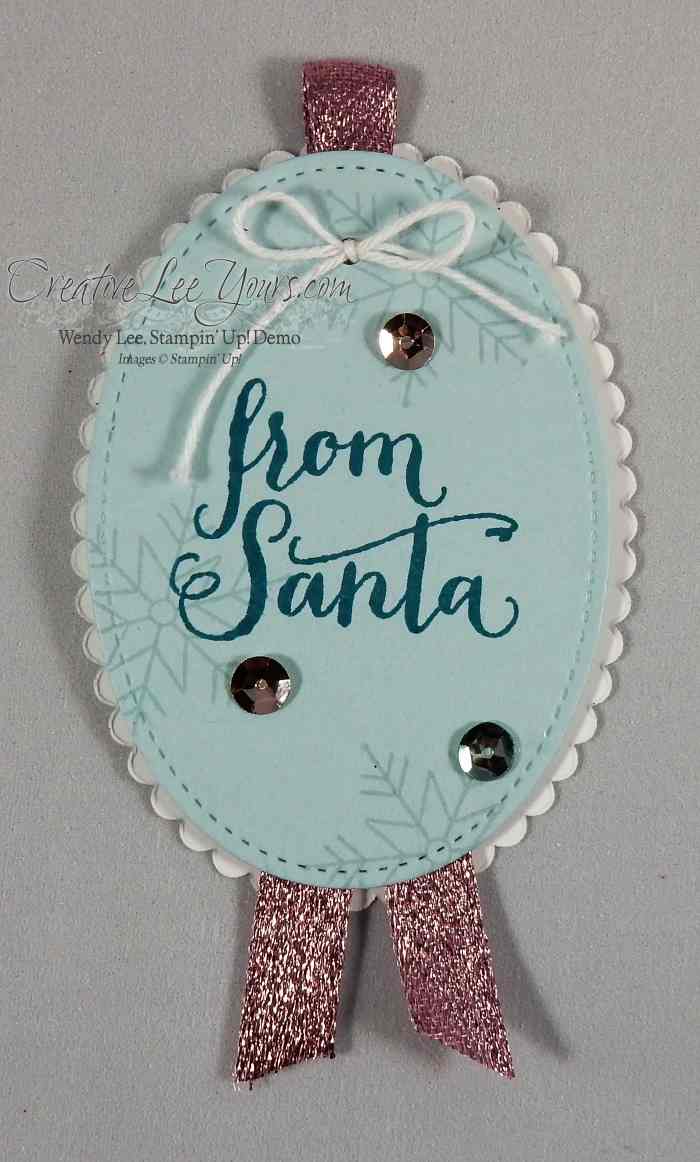 Stitched Gift Tag by Wendy Lee, Stampin Up, Stitched framelits dies, layering ovals dies, stitched with cheer stamp set, oh what fun stamp set, #creativeleeyours, hand stamped, christmas