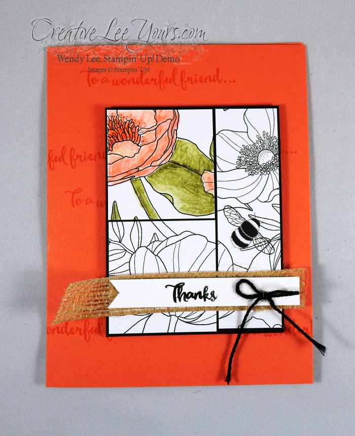 Inside the lines thanks by Wendy Lee, Stampin up, #creativeleeyours, hand made thank you card, #onstage2016, watercolor pencils