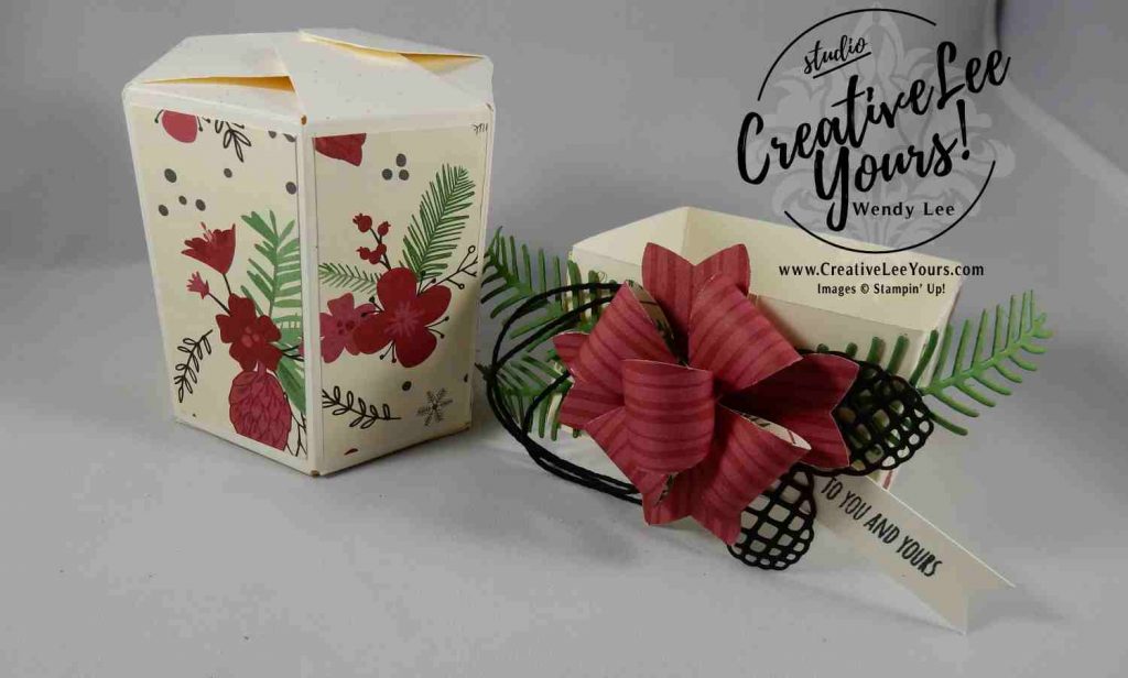 Hexagon Box By Wendy Lee, christmas pines stamp set, pretty pines thinlits, november 2016 fmn class, stampin up, #creativeleeyours