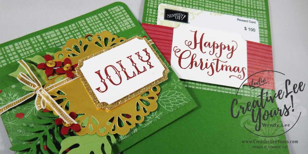 Mini File Folder Gift Card Holder by Wendy Lee, Stampin Up, #creativeleeyours, December 2016 FMN class, On, What Fun stamp set, Envelope punch board, christmas, hand made gift card holder, Botanical builder framelits