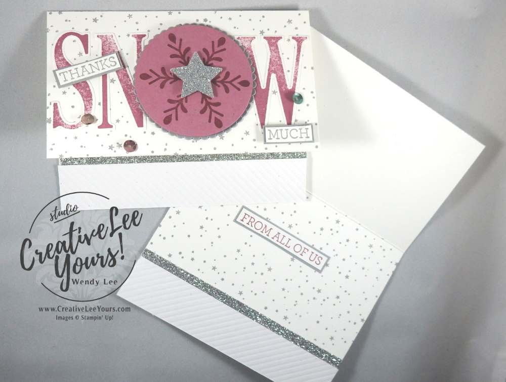 Thanks SNOW Much by Wendy Lee, Stampin Up, hand made card, holly jolly greetings stamp set, crazy about you stamp set,letters for you stamp set, #creativeleeyours, December 2016 FMN class