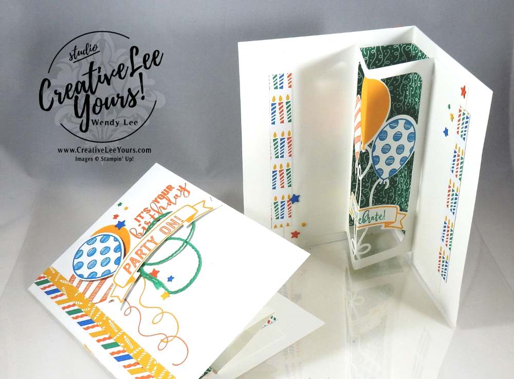 Party On Pop-Up by Wendy Lee, Stampin Up, #creativeleeyours, Balloon Adventure stamp set, Birthday Bright stamp set, Balloon pop-up thinlits, January 2017 FMN class, Hand made birthday card