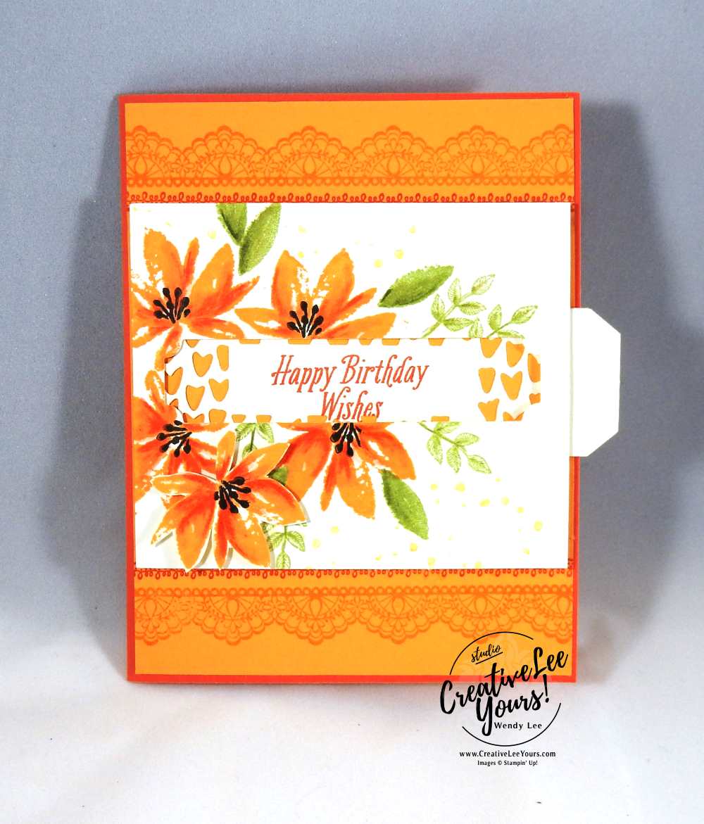 Watercoloring Solid Images Pull Tab by Wendy Lee, Stampin Up, Avant garden stamp set, Delicate Details stamp set, so detailed thinlits, watercolor pencils, fun fold, Hand stamped birthday card, #SAB2017, February 2017 FMN class