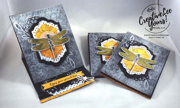 Dragonfly Dreams Easel by Wendy Lee, Stampin Up, #creativeleeyours, creatively yours, dragonfly dreams stamp set, detailed dragonfly thinlits, so detailed thinlits, rose garden thinlits, lot of Labels thinlits, stitched shapes framelits, embossing, February 2017 FMN class