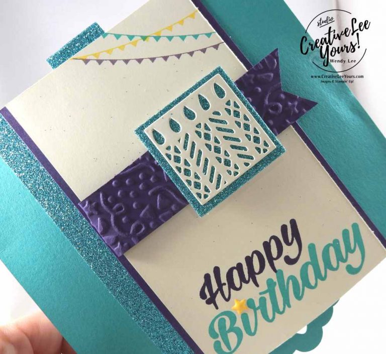 Hexagonal Pop-Up Birthday by Wendy Lee, Stampin Up, #creativeleeyours, creatively yours, birthday bright stamp set, window box thinlits, confetti embossing folder, #hexjumpup, fun fold, birthday card