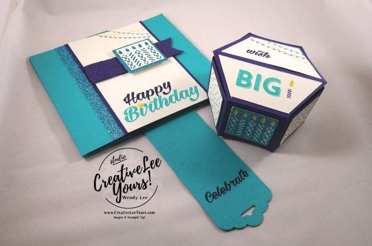 Hexagonal Pop-Up Birthday by Wendy Lee, Stampin Up, #creativeleeyours, creatively yours, birthday bright stamp set, window box thinlits, confetti embossing folder, #hexjumpup, fun fold, birthday card