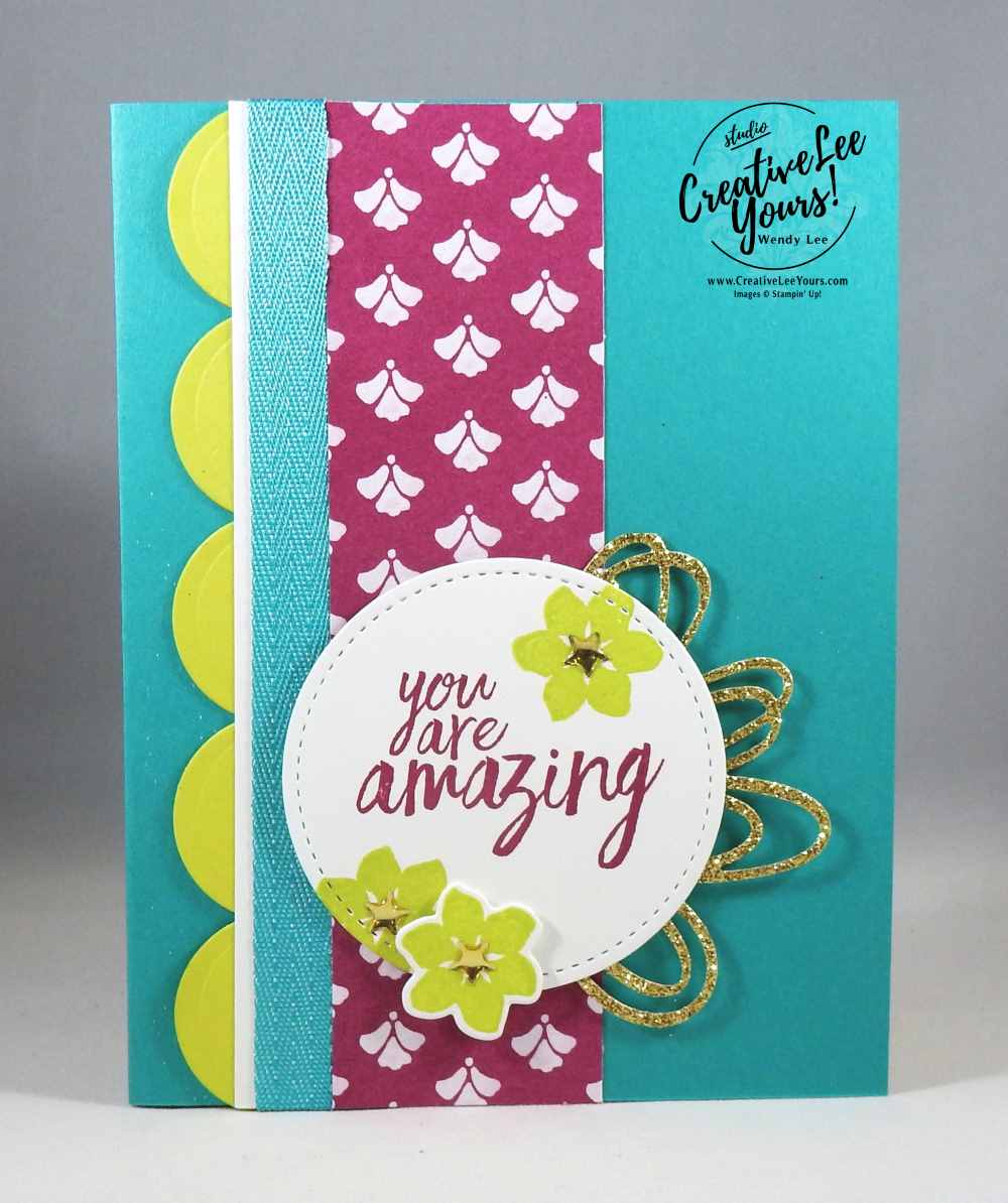 Amazing Pop Up Blooms by Wendy Lee, Stampin Up, #creativeleeyours, creatively yours, stamping, rubber stamps, hand made card, all things thanks stamp set, colorful seasons stamp set,wstitched shapes framelits, layering ovals framelits, sunshine wishes thinlits, seasonal layers thinlits, thank you card, June FMN class