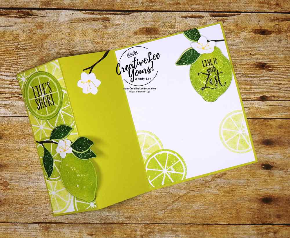 Embossed Z-Fold Limes by wendy lee, stampin up, stamping, rubber stamps, handmade card, lemon zest stamp set, colorful seasons stamp set, enjoy life, august 2017 FMN class, clear embossing, fruit, stamping off technique