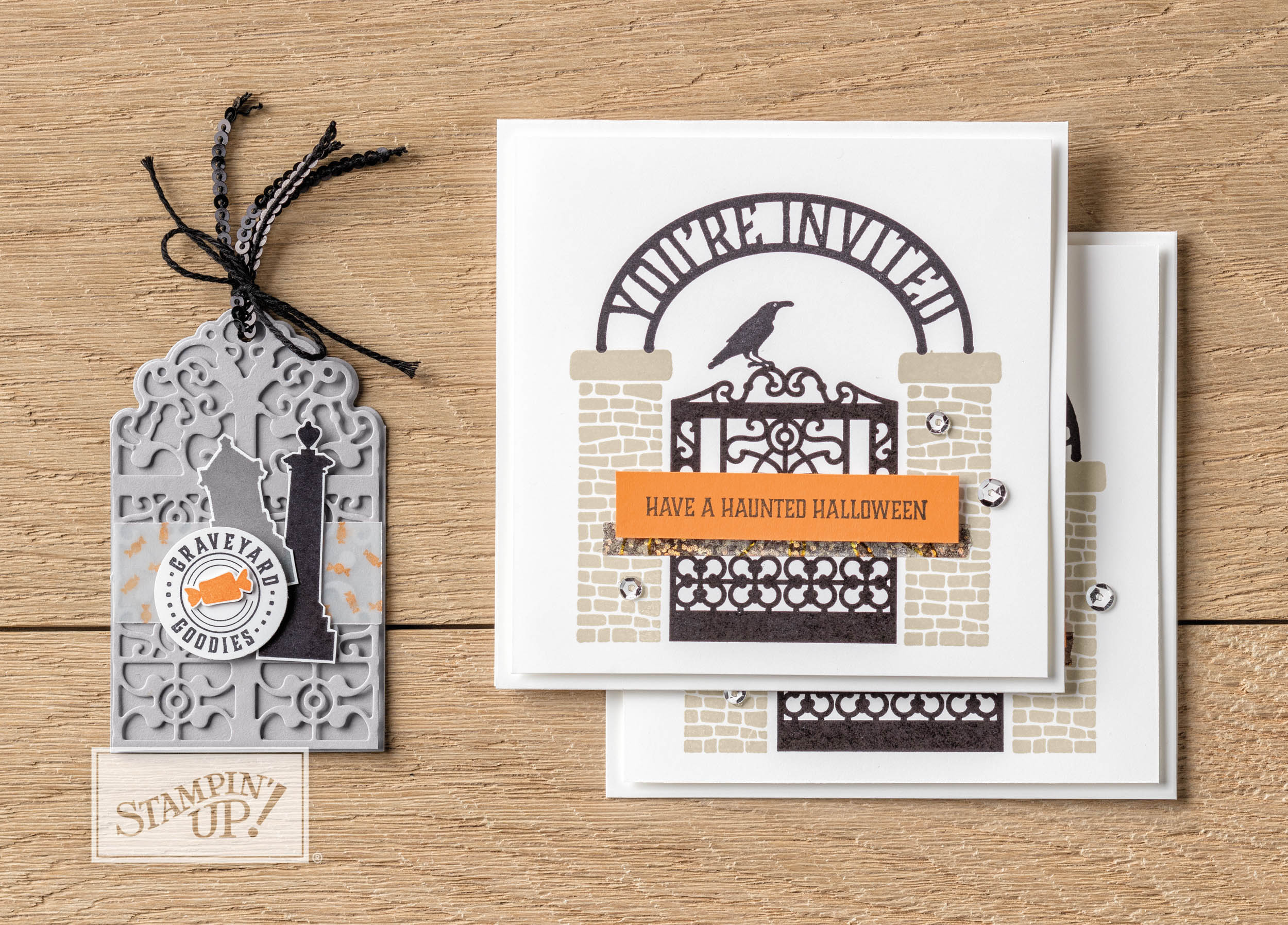 graveyard gate bundle with wendy lee, stampin up, stamping, rubber stamps, handmade, halloween crafts, detailed gate thinlits, graveyard gate stamp set