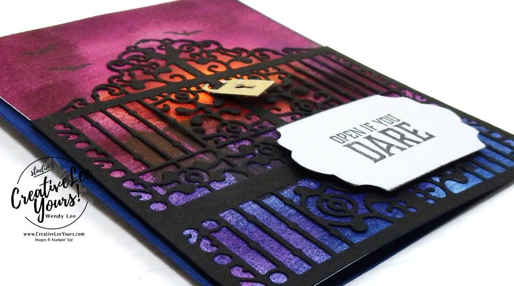 Spooky Gate by Jennifer Moretz, stampin Up, wendy lee, #creativeleeyours, diemonds team swap, halloween card, hand made, stamping, rubber stamps, graveyard gate stamp set, detailed gate thinlits