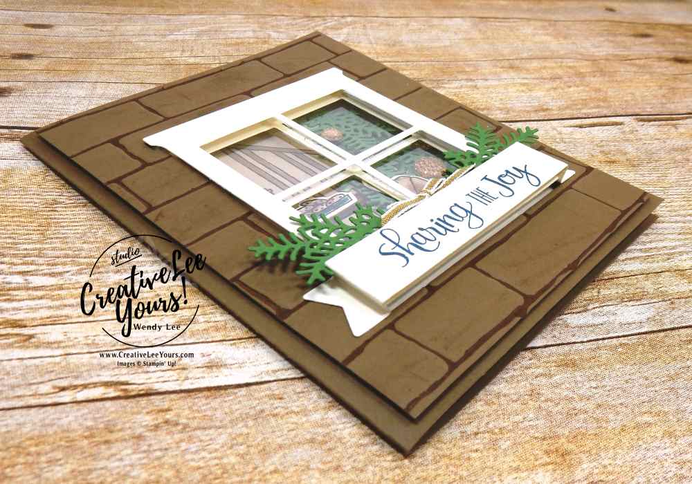 Sharing the Joy Window by Wendy Lee, stampin up, #creativeleeyours, creatively yours, stamping, hand made, holiday cards, christmas cards,ready for christmas stamp set, christmas staircase thinlits, hearth and home framelits,FMN card class,rubber stamps