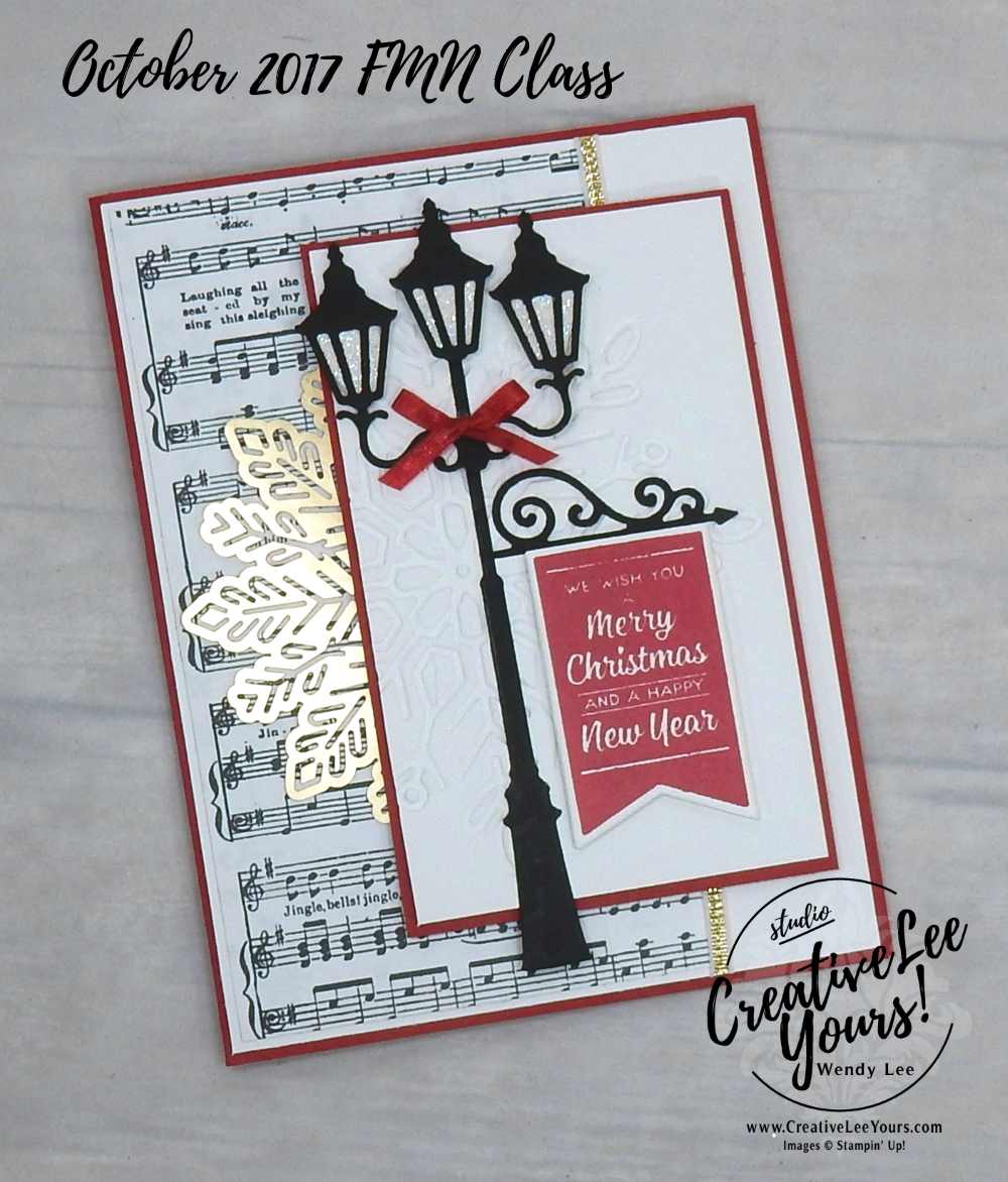 Brightly Lit Christmas by wendy lee, stampin up, #creativeleeyours, creatively yours, stamping, hand made, holiday cards, christmas cards,Santa's sleigh stamp set, Brightly Lit Christmas stamp set, christmas lampost thinlits,FMN card class,rubber stamps