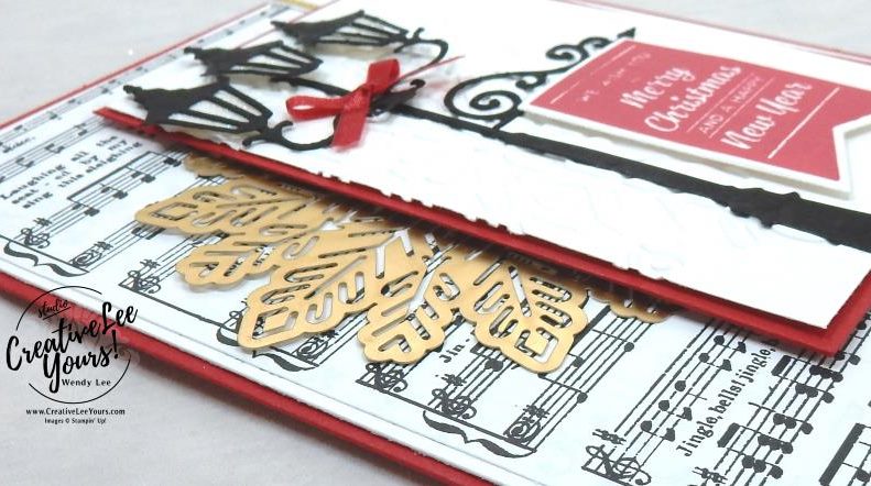 Brightly Lit Christmas by wendy lee, stampin up, #creativeleeyours, creatively yours, stamping, hand made, holiday cards, christmas cards,Santa's sleigh stamp set, Brightly Lit Christmas stamp set, christmas lampost thinlits,FMN card class,rubber stamps