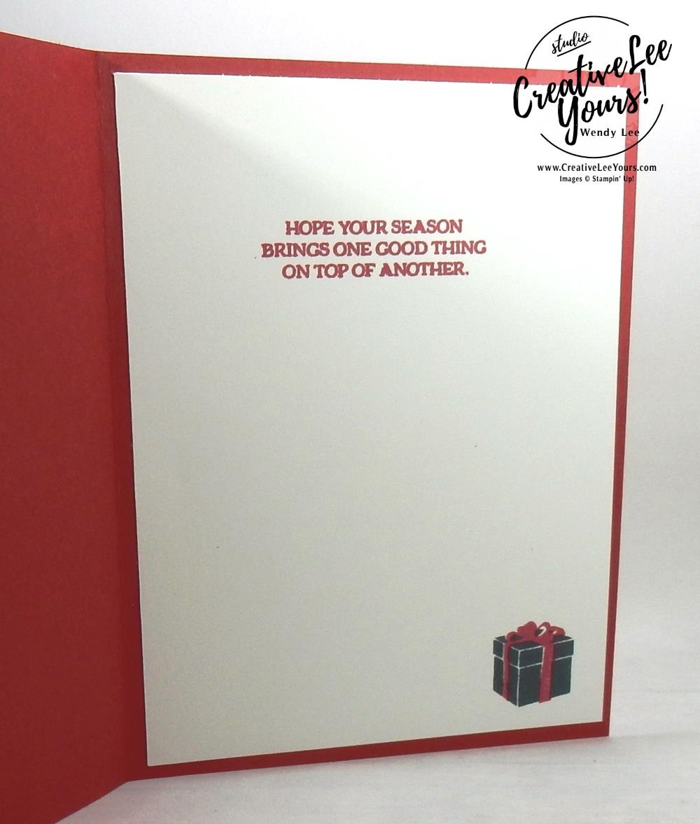 Brightly Lit Christmas by wendy lee, stampin up, #creativeleeyours, creatively yours, stamping, hand made, holiday cards, christmas cards,Santa's sleigh stamp set, Brightly Lit Christmas stamp set, christmas lampost thinlits,FMN card class,rubber stamps