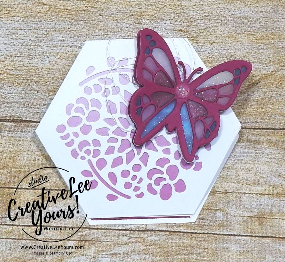 Stained Glass Butterfly by Wendy Lee,stampin up,stamping,blends, alcohol markers,#creativeleeyours,creatively yours,December 2017 FMN class,handmade card,thank you,fun fold easel card