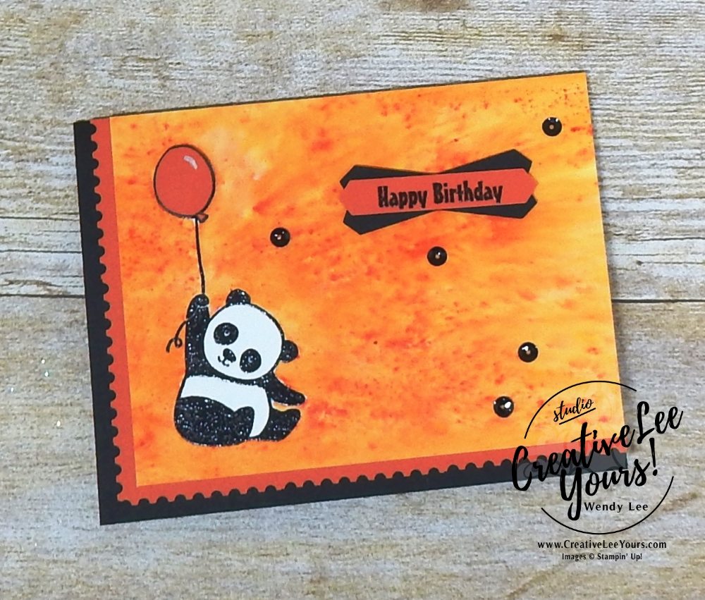 Birthday Panda by Sheila Tatum, Diemonds team swap, wendy lee, #creativeleeyours, creatively yours, stampin Up, stamping, handmade, brusho watercoloring, party panda stamp set, sale-a-bration, SAB, cute birthday card