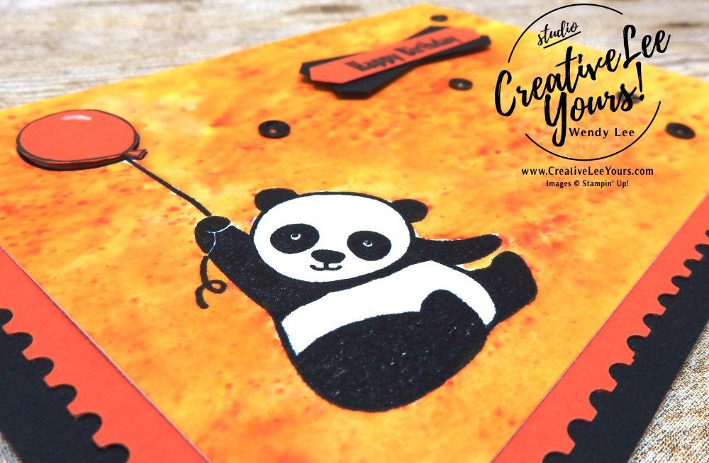 Birthday Panda by Sheila Tatum, Diemonds team swap, wendy lee, #creativeleeyours, creatively yours, stampin Up, stamping, handmade, brusho watercoloring, party panda stamp set, sale-a-bration, SAB, cute birthday card
