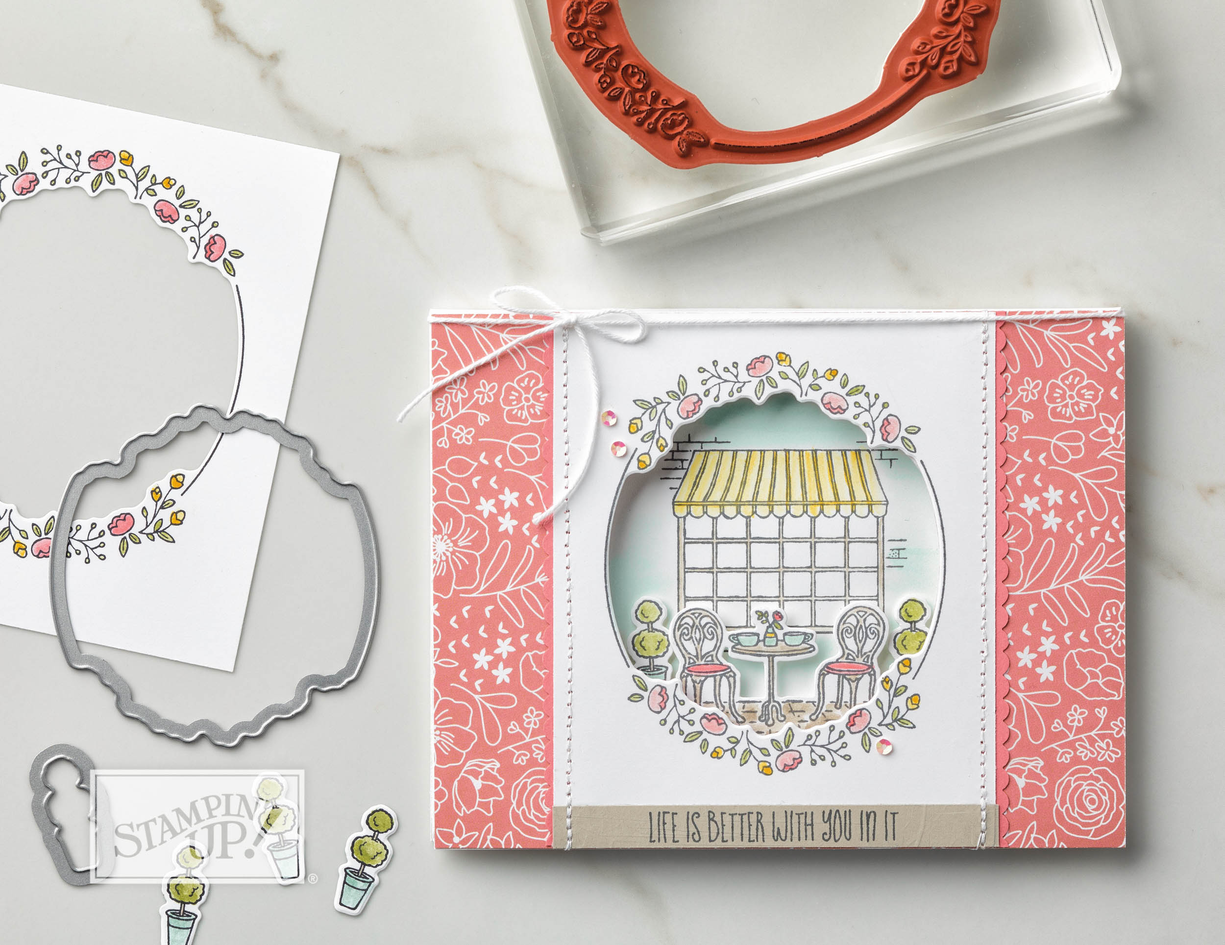 Charming Café Stamp Set and the Café Builder Framelits Dies,wendy lee,stampin up, handmade,stamping,#creativeleeyours,creatively yours,creative-lee yours, all occasions cards, quick & easy,fun, thank you, topiary, video,SU SU cards