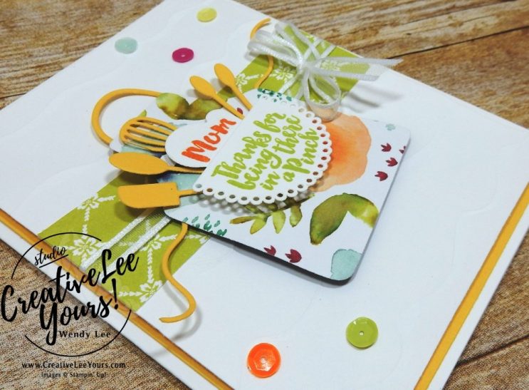 Mom Apron by Wendy Lee, Stampin Up, stamping, handmade card, friend, mothers day, birthday, #creativeleeyours, creatively yours, creative-lee yours, April 2018 FMN card class, forget me not, apron of love stamp set, SU, SU cards, rubber stamps, Paper-Garden challenge