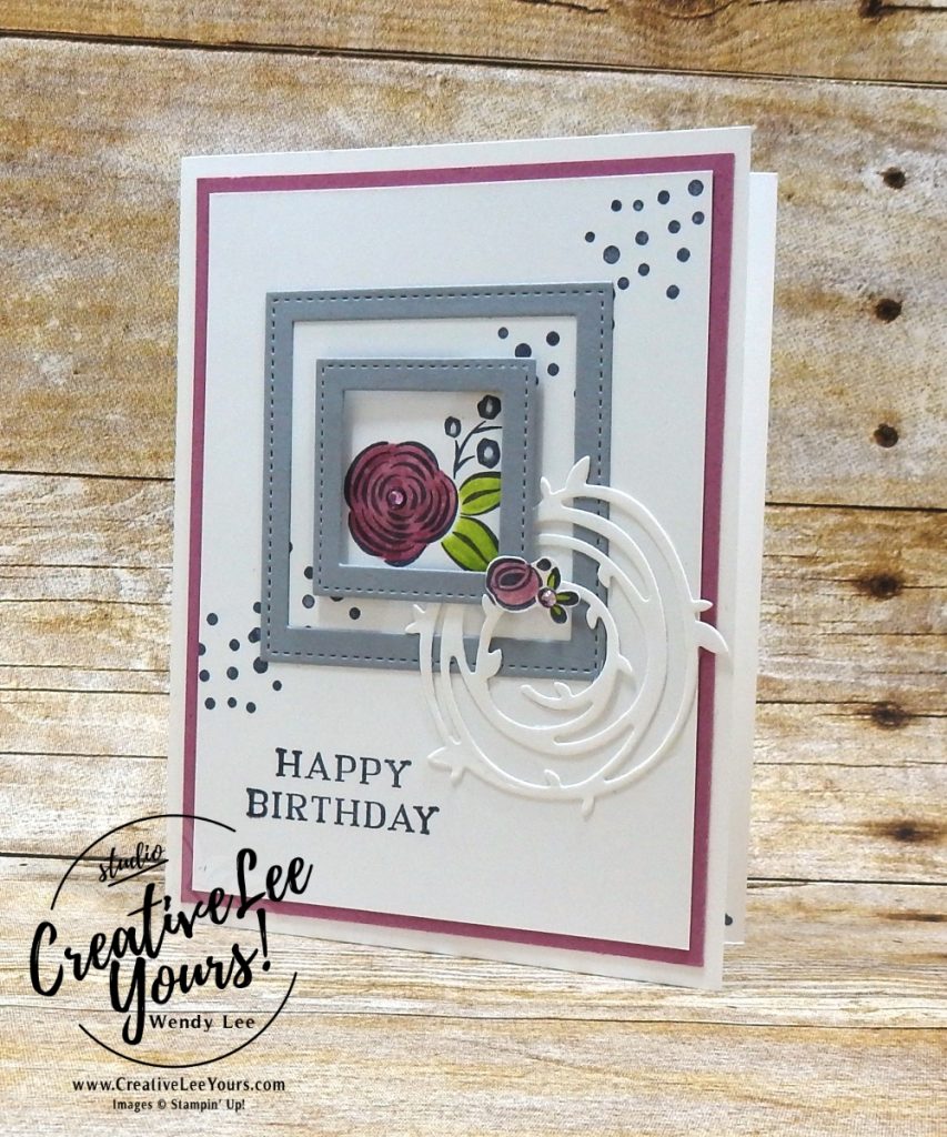 Stitched Frames Birthday by Jennifer Hamlin, Wendy Lee, creatively yours, creative-lee yours, Stampin Up, stamping, handmade, SU, #creativeleeyours, perennial birthday stamp set, diemonds team swap, flowers,coloring,white on white,#makeacardsendacard