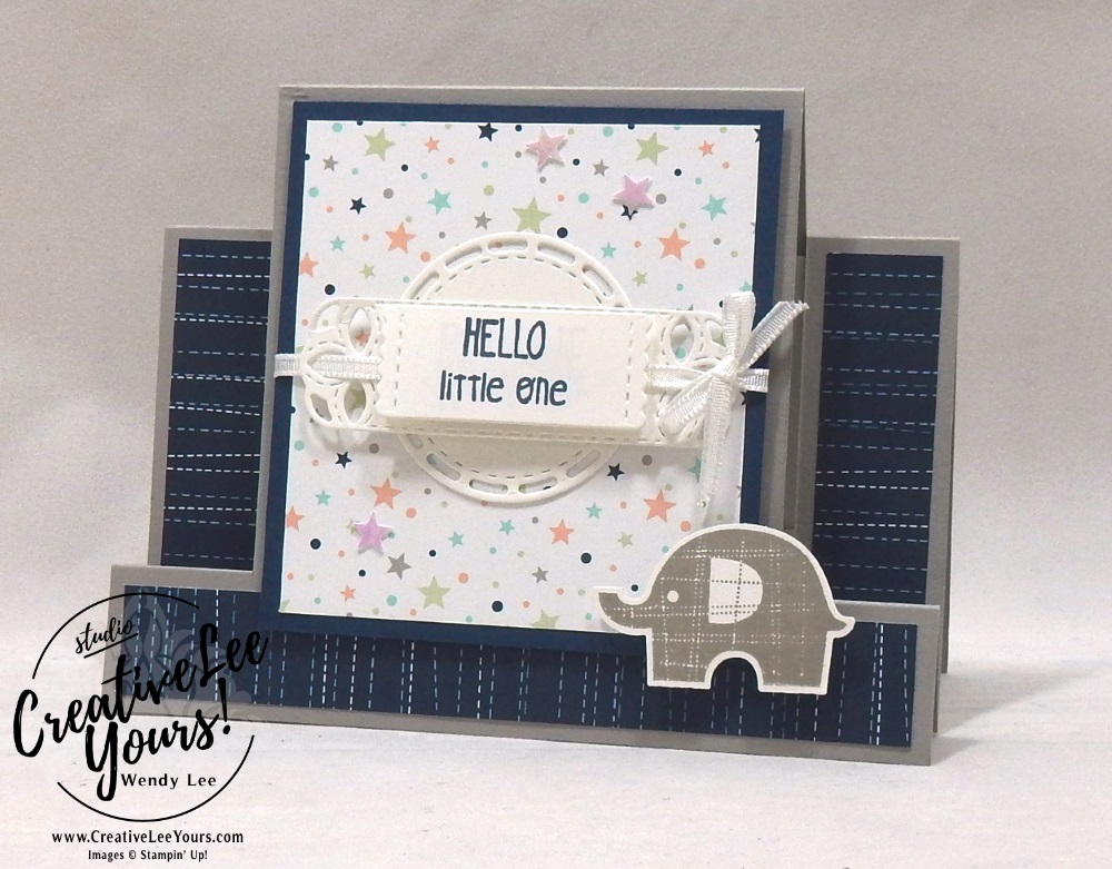 Little Elephant by wendy lee, Stampin Up, stamping, handmade card, friend, thank you, birthday, #creativeleeyours, creatively yours, creative-lee yours, splitcoast stampers, little elephant stamp set, fun fold, SU, SU cards, rubber stamps, gift card holder, baby, tutorial, video, stitched labels framelits