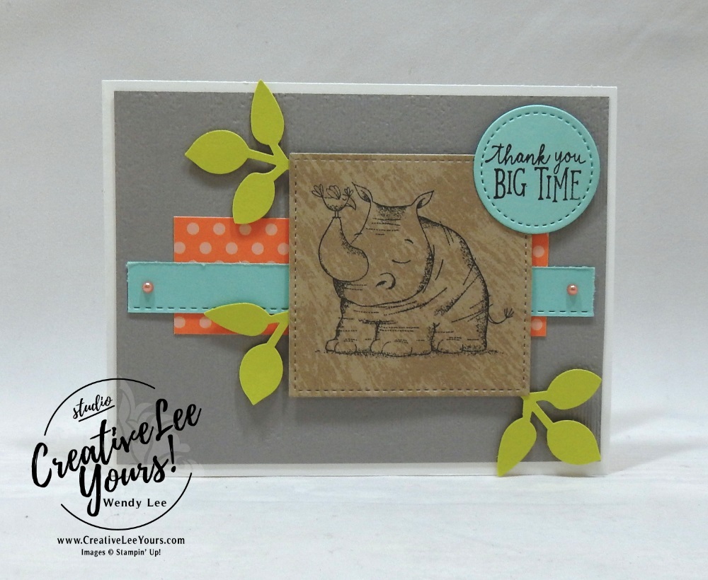 wemdy lee, Thank You Rhino by stephanie daniel, Stampin Up, stamping, handmade card, friend, thank you, birthday, #creativeleeyours, creatively yours, creative-lee yours, diemonds team swap, animal outing stamp set, SU, SU cards, rubber stamps