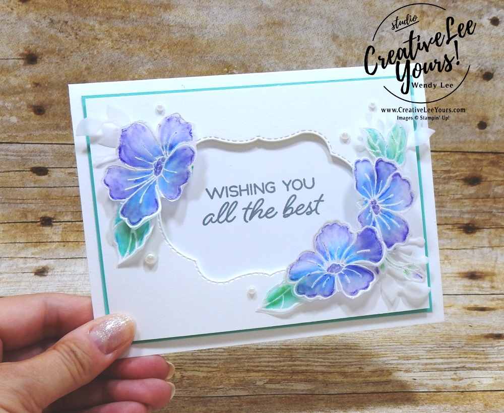 Watercoloring on Vellum by wendy lee, Stampin Up, stamping, handmade card, friend, thank you, birthday, #creativeleeyours, creatively yours, creative-lee yours, August 2018 FMN card class, forget me not, SU, SU cards, rubber stamps, color your season promotion, promotion,  paper crafting, limited time, all occasions, flowers, leaves, stitched seasons framelits, free tutorial, go for greece blog hop