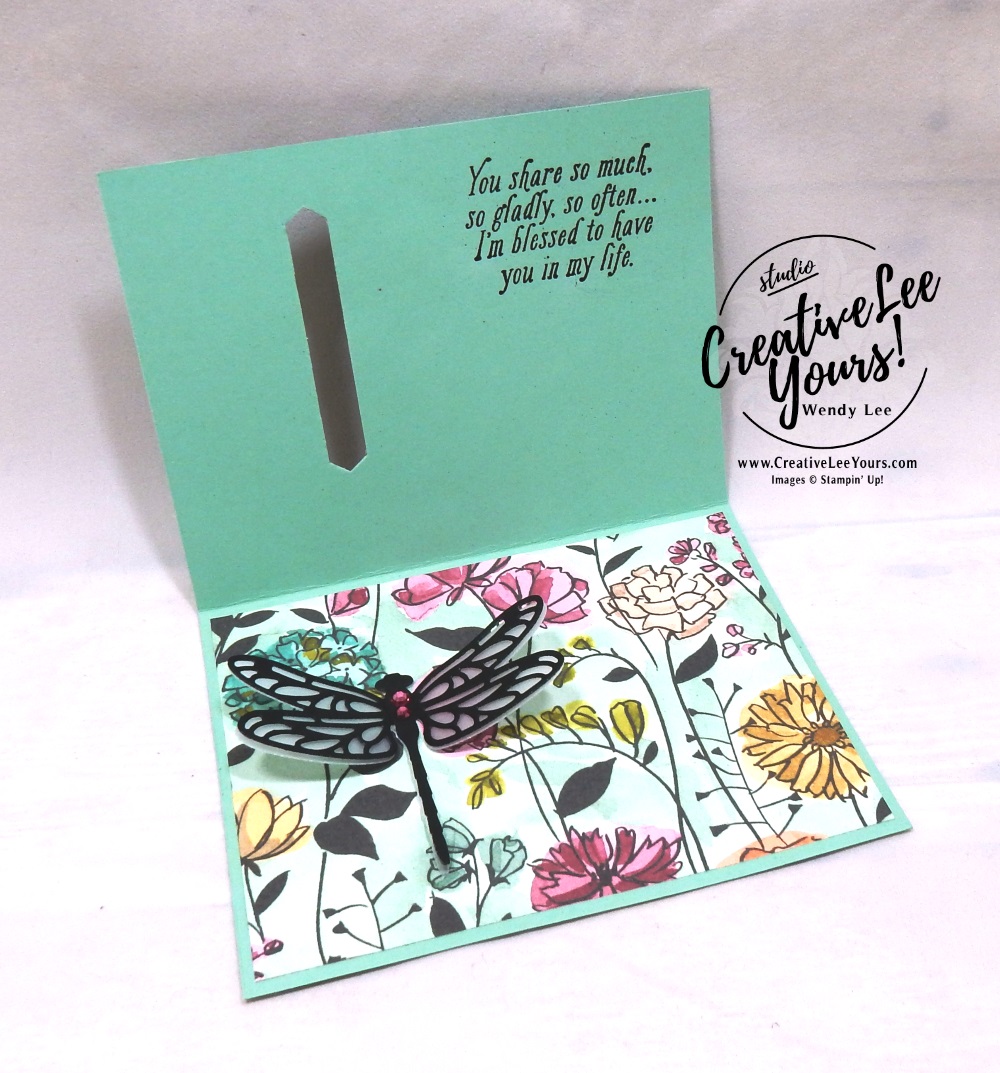 Dragonfly Closure by wendy lee, Stampin Up, stamping, handmade card, friend, thank you, birthday, #creativeleeyours, creatively yours, creative-lee yours, August 2018 FMN card class, forget me not, SU, SU cards, rubber stamps, paper crafting, all occasions, special celebration stamp set, fun fold