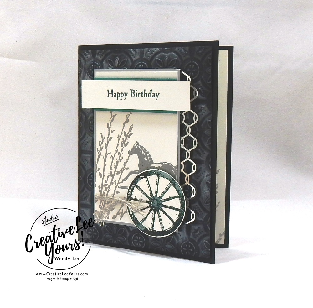 Country Road Birthday by wendy lee, Stampin Up, stamping, handmade card, friend, thank you, birthday, #creativeleeyours, creatively yours, creative-lee yours, September 2018 FMN card class, forget me not, SU, SU cards, rubber stamps, paper crafting, all occasions, masculine, rustic go for greece blog hop, country road stamp set, collage, chicken wire