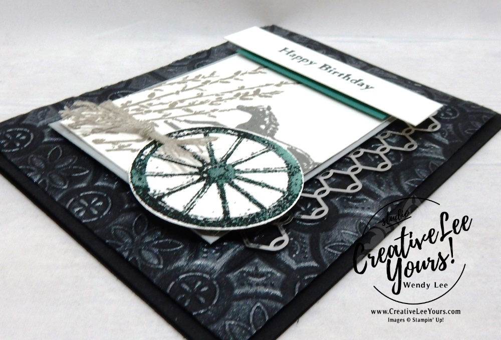 Country Road Birthday by wendy lee, Stampin Up, stamping, handmade card, friend, thank you, birthday, #creativeleeyours, creatively yours, creative-lee yours, September 2018 FMN card class, forget me not, SU, SU cards, rubber stamps, paper crafting, all occasions, masculine, rustic go for greece blog hop, country road stamp set, collage, chicken wire