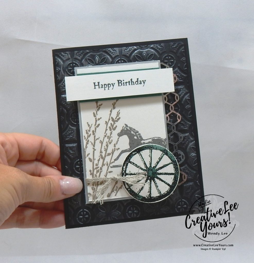 Country Road Birthday by wendy lee, Stampin Up, stamping, handmade card, friend, thank you, birthday, #creativeleeyours, creatively yours, creative-lee yours, September 2018 FMN card class, forget me not, SU, SU cards, rubber stamps, paper crafting, all occasions, masculine, rustic go for greece blog hop, country road stamp set, collage, chicken wire