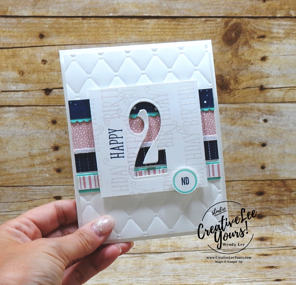 happy 2nd Birthday by wendy lee, second birthday, Stampin Up, SU, baby girl birthday card, happy birthday gorgeous stamp set, large number framelits, handmade, rubber stamps, stamping, make a difference stamp set, tabs for everything stamp set, tufted
