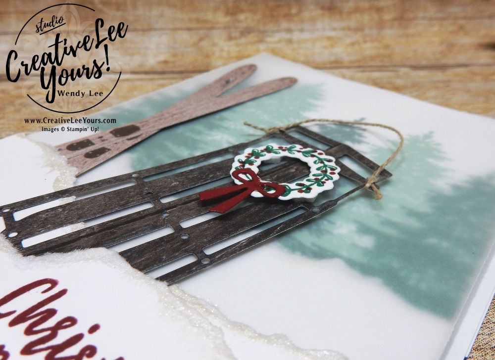Christmas Greetings by Wendy Lee, Printable Tutorial, stampin Up, #creativeleeyours, hand made, holiday card, stamping, creatively yours, creative-lee yours, Alpine adventure stamp set, Winter Woods stamp set, skiing, sled