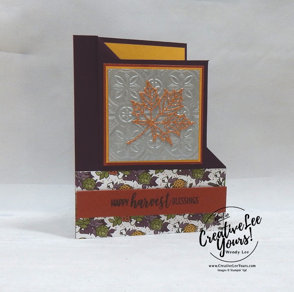 Happy Harvest Blessings by Belinda Rodgers, wendy lee, Stampin Up, stamping, handmade card, friend, thank you, birthday,  grateful, fall card, #creativeleeyours, creatively yours, creative-lee yours, diemonds team, country home stamp set, SU, SU cards, rubber stamps, demonstrator, embossing, tin tile, corner fun fold