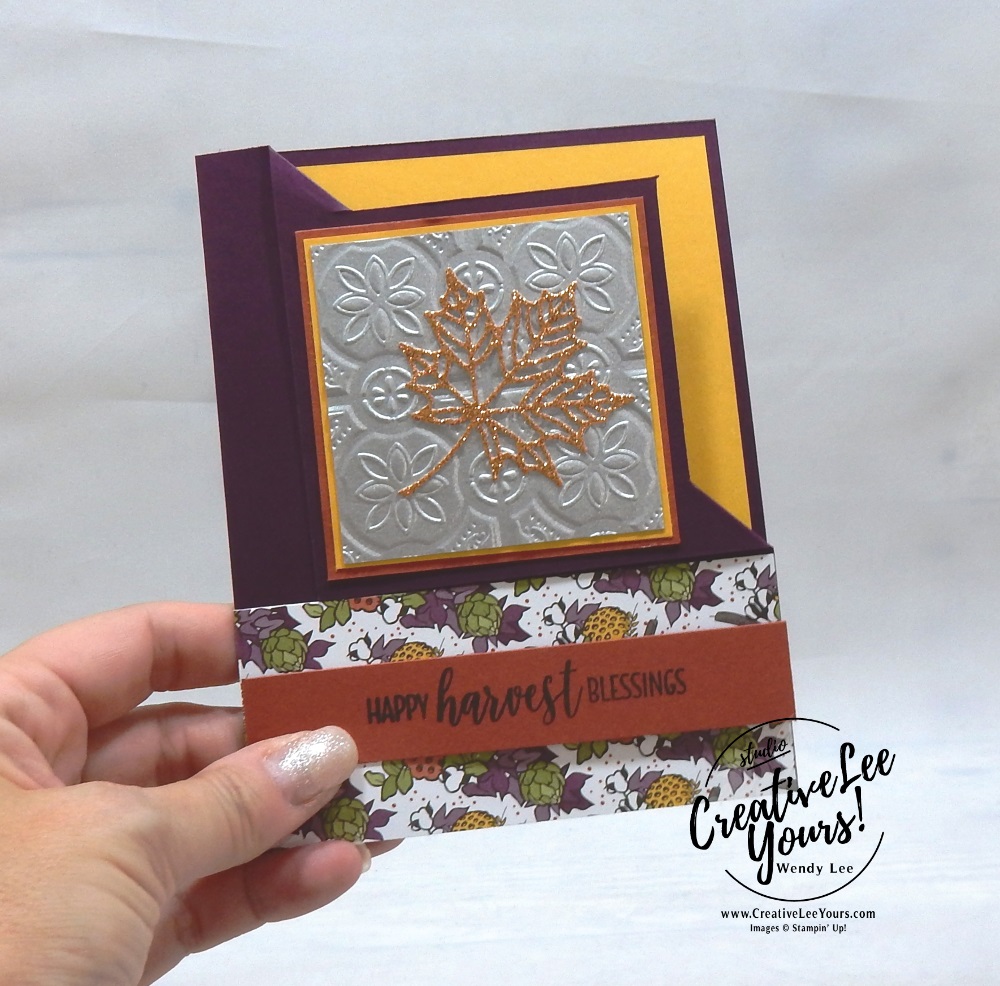 Happy Harvest Blessings by Belinda Rodgers, wendy lee, Stampin Up, stamping, handmade card, friend, thank you, birthday,  grateful, fall card, #creativeleeyours, creatively yours, creative-lee yours, diemonds team, country home stamp set, SU, SU cards, rubber stamps, demonstrator, embossing, tin tile, corner fun fold