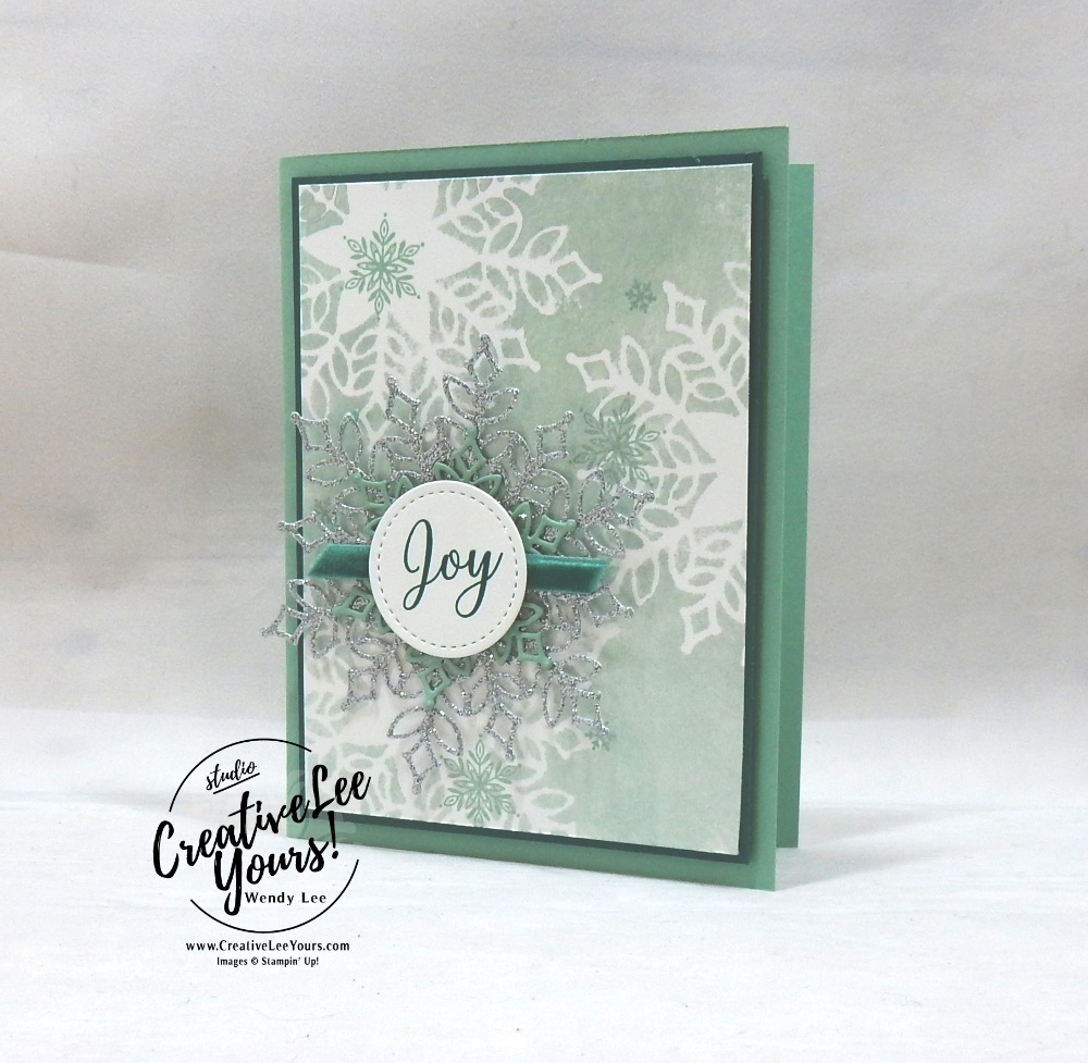 Snowflake Joy by wendy lee, Printable Tutorial, shimmer paint sponging, masking technique, DiemondsTeam, Stampin Up, #creativeleeyours, creatively yours, creative-lee yours, SU, business opportunity, make extra money, DIY, paper craft, limited time, exclusive, snowflake showcase, snow is glistening stamp set, snowfall thinlits, snowflakes