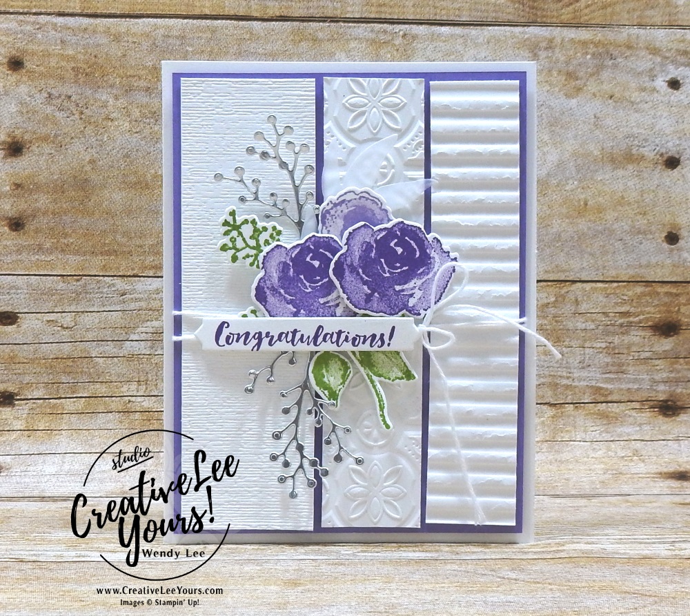 Textured Congratulations by wendy lee, Diemonds Team, Stampin Up, #creativeleeyours, creatively yours, creative-lee yours, SU, business opportunity, make extra money, DIY, paper craft, firdt frost stamp set, Onstage swap, congrats, congratulations, wedding, birthday, #OnStage2018, #StampinUp30, stamp event, flowers, purple