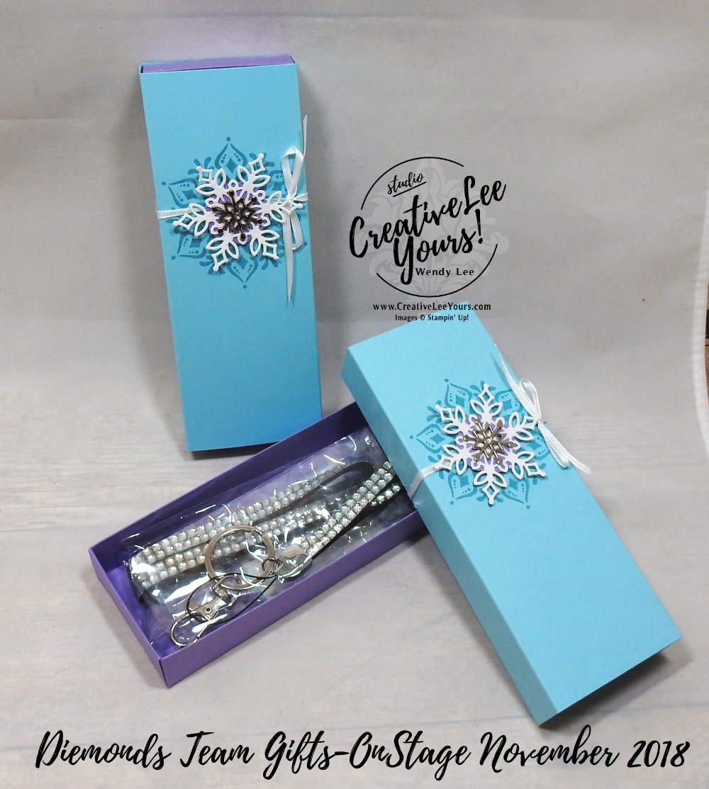 Snowflake Gift Box by wendy lee, Printable Tutorial, DiemondsTeam, Stampin Up, #creativeleeyours, creatively yours, creative-lee yours, SU, business opportunity, make extra money, DIY, paper craft, limited time, exclusive, snowflake showcase, snow is glistening stamp set, happiness surrounds stamp set, snowfall thinlits, snowflakes, Onstage team gifts, gift box,#OnStage2018, #StampinUp30, stamp event