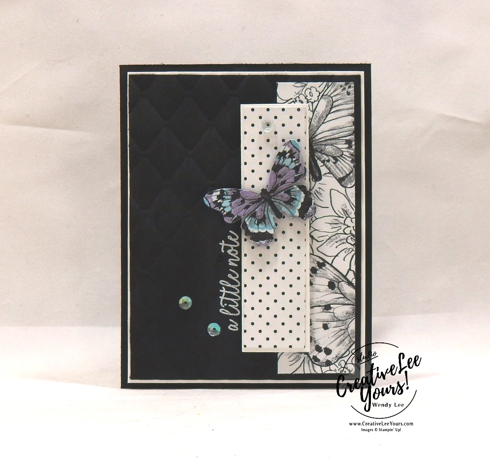 Tufted Note by wendy lee, Stampin Up, stamping, handmade card, friend, thank you, birthday, #creativeleeyours, creatively yours, creative-lee yours, SU, SU cards, rubber stamps, demonstrator, business, DIY, incentive trip, occasions sneak peak, cling stamps, butterfly gala, butterfly punch, black and white, fast & easy, spotlighting, FMN BONUS, tutorial, card club